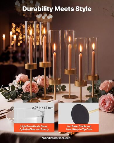 VEVOR Hurricane Candle Holders Set of 18, Gold Metal Stand with Clear Glass Cylinders, Elegant Tiered Centerpieces Wind Protection for Wedding, Table Centerpieces, Party, Home Decor, Modern Style in Kuwait