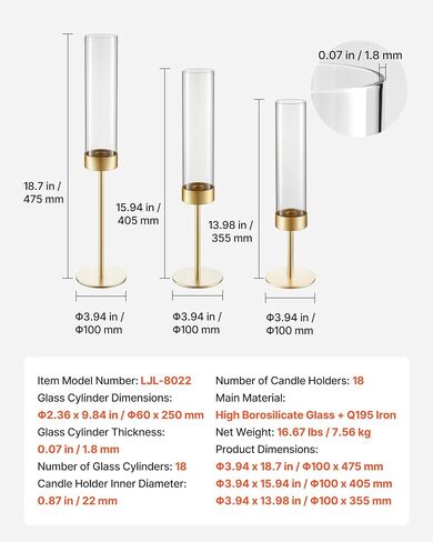 VEVOR Hurricane Candle Holders Set of 18, Gold Metal Stand with Clear Glass Cylinders, Elegant Tiered Centerpieces Wind Protection for Wedding, Table Centerpieces, Party, Home Decor, Modern Style in Kuwait