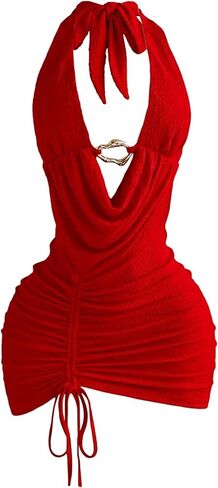 SHENHE Women's Sexy Deep V Neck Halter Mini Dress Backless Metal Ring Bodycon Party Club Dress in Saudi Arabia