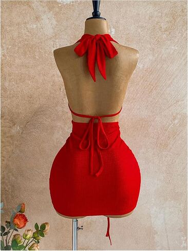 SHENHE Women's Sexy Deep V Neck Halter Mini Dress Backless Metal Ring Bodycon Party Club Dress in Saudi Arabia