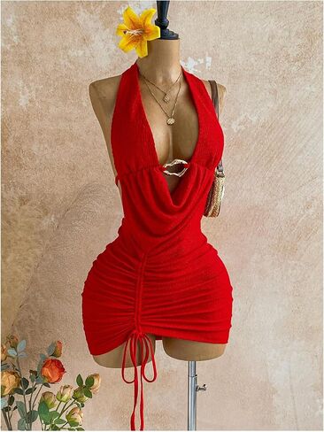 SHENHE Women's Sexy Deep V Neck Halter Mini Dress Backless Metal Ring Bodycon Party Club Dress in Saudi Arabia