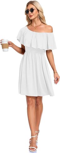 AUSELILY Womens Off The Shoulder Summer Dress Casual Ruffle Floral Party Beach Vacation Sundress with Pockets in Kuwait