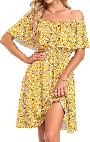 AUSELILY Womens Off The Shoulder Summer Dress Casual Ruffle Floral Party Beach Vacation Sundress with Pockets in Kuwait