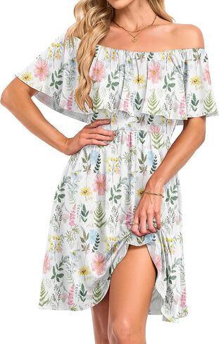 AUSELILY Womens Off The Shoulder Summer Dress Casual Ruffle Floral Party Beach Vacation Sundress with Pockets in Kuwait