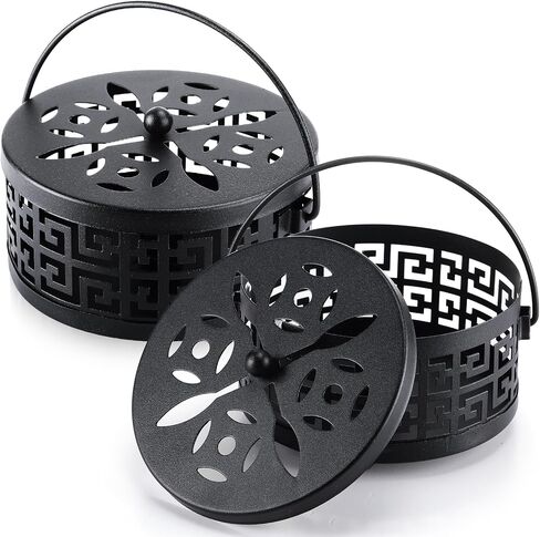 Lallisa 2 Pieces Black Mosquito Coil Holder Incense Coil Holder Round Retro Portable Metal Hanging Incense Burner with Handle for Home Camping Indoor Outdoor Patio in Kuwait