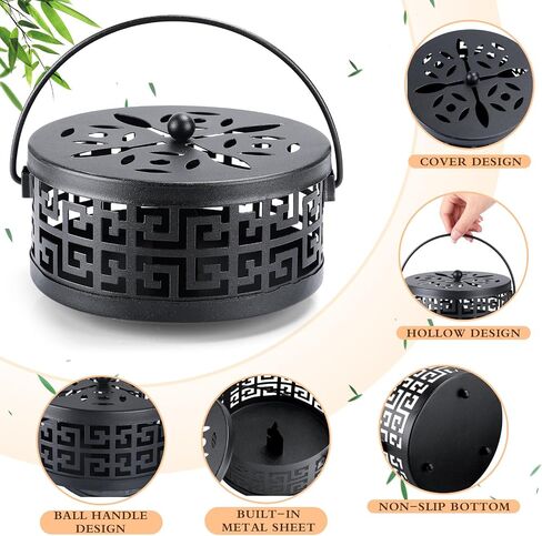 Lallisa 2 Pieces Black Mosquito Coil Holder Incense Coil Holder Round Retro Portable Metal Hanging Incense Burner with Handle for Home Camping Indoor Outdoor Patio in Kuwait