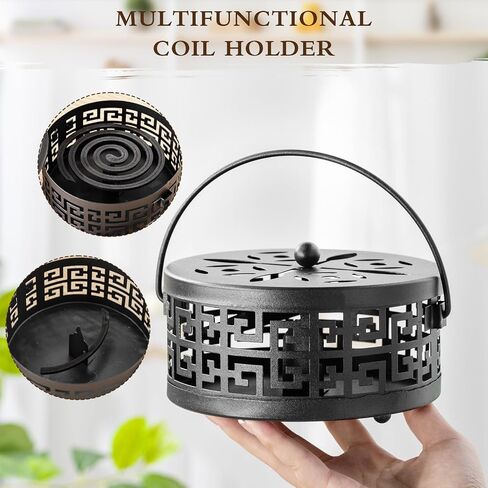Lallisa 2 Pieces Black Mosquito Coil Holder Incense Coil Holder Round Retro Portable Metal Hanging Incense Burner with Handle for Home Camping Indoor Outdoor Patio in Kuwait