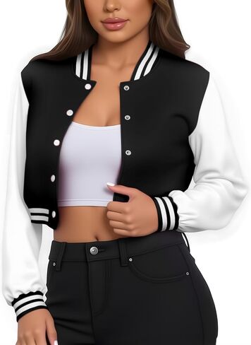 Women's Casual Baseball Jacket Colorblock Button Crop Bomber Jacket Classic and Versatile Style in Kuwait