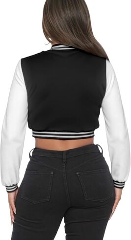 Women's Casual Baseball Jacket Colorblock Button Crop Bomber Jacket Classic and Versatile Style in Kuwait