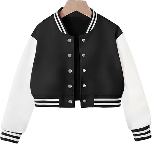 Women's Casual Baseball Jacket Colorblock Button Crop Bomber Jacket Classic and Versatile Style in Kuwait