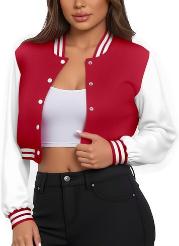 Women's Casual Baseball Jacket Colorblock Button Crop Bomber Jacket Classic and Versatile Style in Kuwait