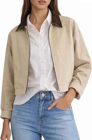 Orolay Women's Casual Utility Cropped Barn Jacket Zip Up Jacket Corduroy Collar Spring Trench Coat in Kuwait