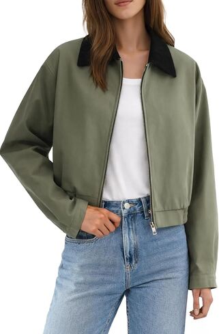 Orolay Women's Casual Utility Cropped Barn Jacket Zip Up Jacket Corduroy Collar Spring Trench Coat in Kuwait