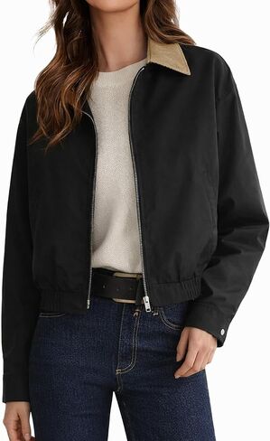 Orolay Women's Casual Utility Cropped Barn Jacket Zip Up Jacket Corduroy Collar Spring Trench Coat in Kuwait