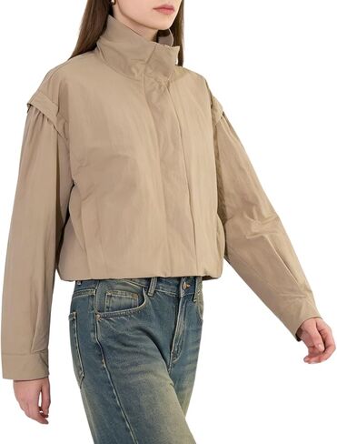 Chevara Women's Cropped Bomber Jacket Long Sleeve High Neck Lightweight Jacket Coat with Pockets in Saudi Arabia