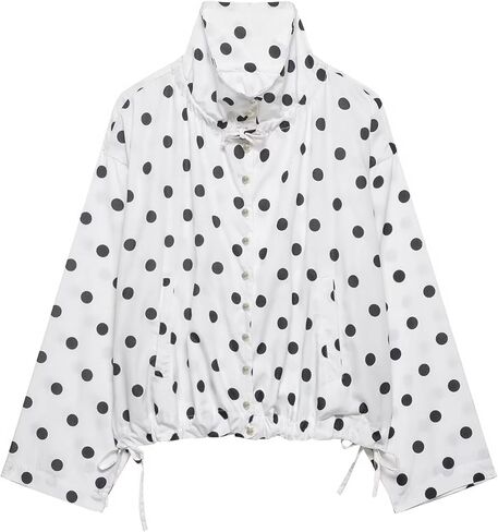 Bozanly Women's Stand Collar Polka Dot Jacket Trendy Long Sleeve Bow Hem Button Down Oversized Shirts Outerwear in Saudi Arabia