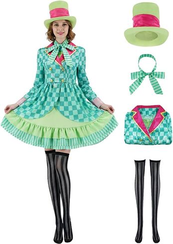 Hatter Costume Women Mad Tea Party Halloween Cosplay Dress with Bowtie Top Hat Leggings Mardi Gras Parade Outfits in Saudi Arabia