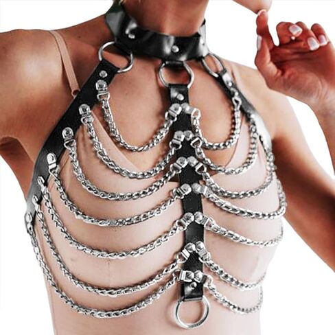 Zoestar Leather Chest Harness Chain Belt Black Fashion Rave Body Accessories for Women in Kuwait