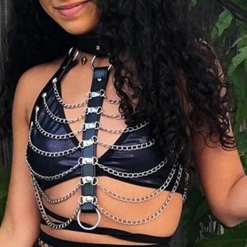 Zoestar Leather Chest Harness Chain Belt Black Fashion Rave Body Accessories for Women in Kuwait