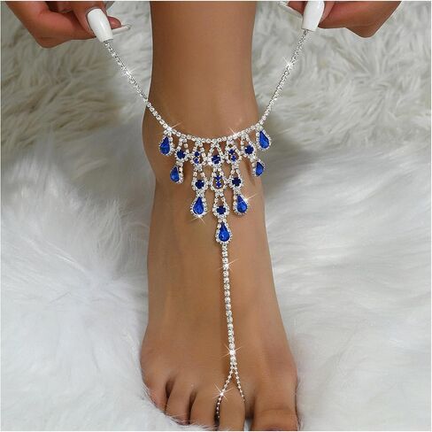 Summer Beach Crystal Drop Anklet Rhinestone Foot Chain Toe Ring Bridal Wedding Rhinestone Barefoot Sandal High Heels Foot Accessories Jewelry for Women in Kuwait