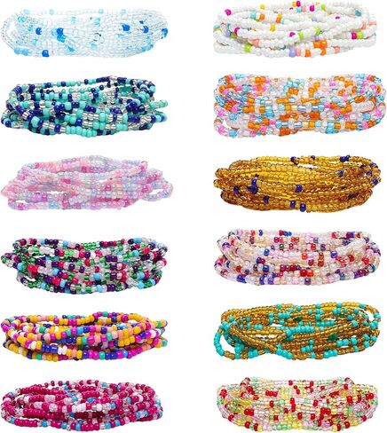 12 Pcs Bohemian Waist Beads Set African Belly Beads Chain 70 Inch Plus Size Body Chain Colorful for Women Summer Beach Bikini Waist Stomach Jewelry DIY Accessories in Kuwait