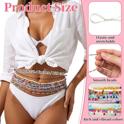 12 Pcs Bohemian Waist Beads Set African Belly Beads Chain 70 Inch Plus Size Body Chain Colorful for Women Summer Beach Bikini Waist Stomach Jewelry DIY Accessories in Kuwait
