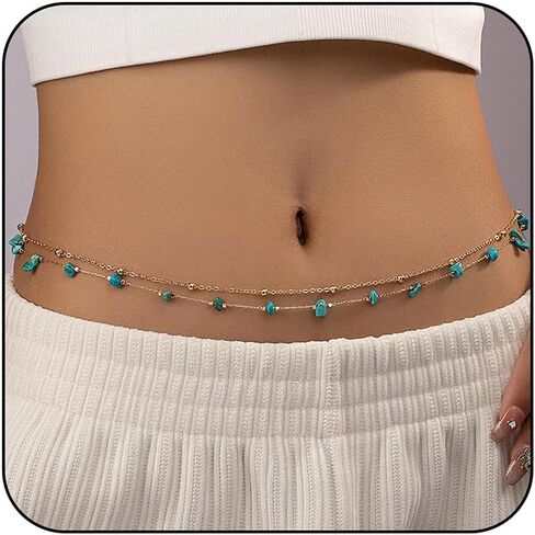 Gold Turquoise Waist Chain for Women Boho Layered Belt Chain Irregular Stone Belly Body Chain Summer Bikini Sexy Body Chain Festival Rave Body Accessories in Saudi Arabia