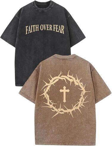 2 Packs Christian T Shirts for Men Oversized Tee Graphic Apparel Acid Washed Baggy Gym Top in Saudi Arabia