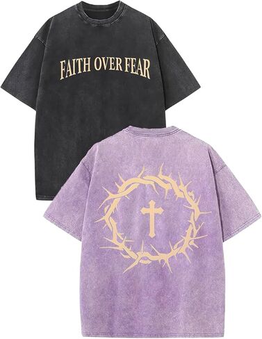 2 Packs Christian T Shirts for Men Oversized Tee Graphic Apparel Acid Washed Baggy Gym Top in Saudi Arabia
