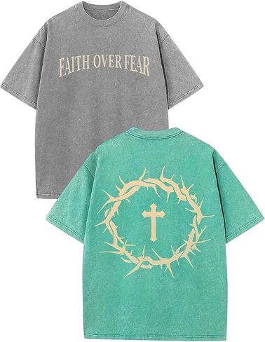 2 Packs Christian T Shirts for Men Oversized Tee Graphic Apparel Acid Washed Baggy Gym Top in Saudi Arabia