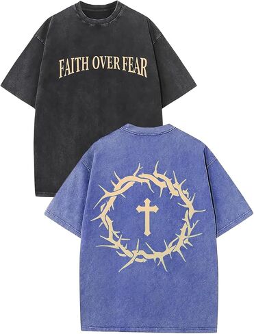 2 Packs Christian T Shirts for Men Oversized Tee Graphic Apparel Acid Washed Baggy Gym Top in Saudi Arabia