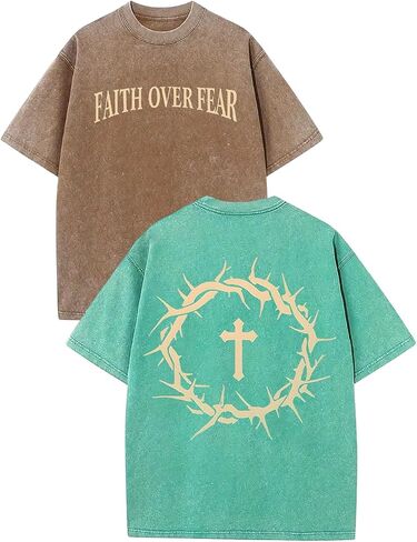 2 Packs Christian T Shirts for Men Oversized Tee Graphic Apparel Acid Washed Baggy Gym Top in Saudi Arabia