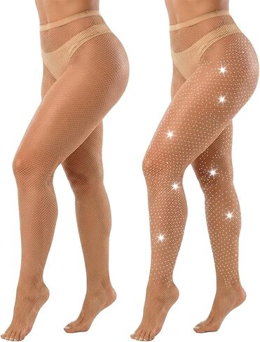 2 Pairs Fishnet Stockings for Women Fishnet Tights Sparkly Fishnets Rhinestone Tights High Waist Mesh Pantyhose in Kuwait