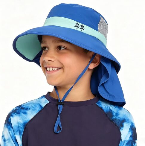 Kids Boys Sun hat with Neck Flap - Wide Brim Sun Protection Bucket Hat Summer Beach Hats for Girls Boys Age for 5-10 in Kuwait