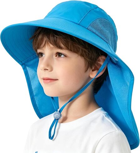 Breathable Kids Sun-Hat for Boys Girls - Adjustable Wide Brim Beach Hats with Neck Flap Age 5-9 Years in Kuwait