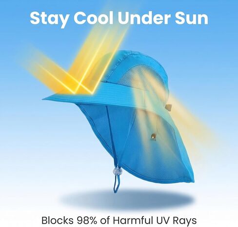 Breathable Kids Sun-Hat for Boys Girls - Adjustable Wide Brim Beach Hats with Neck Flap Age 5-9 Years in Kuwait