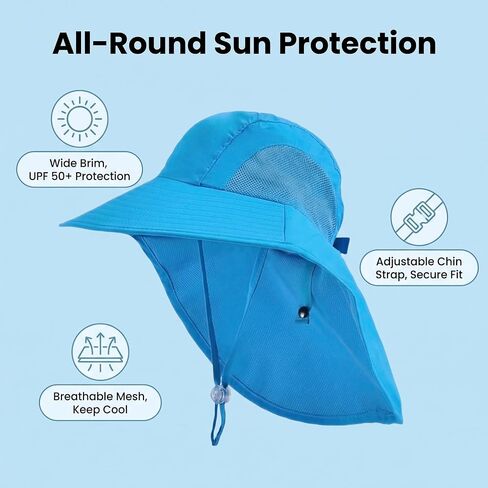 Breathable Kids Sun-Hat for Boys Girls - Adjustable Wide Brim Beach Hats with Neck Flap Age 5-9 Years in Kuwait