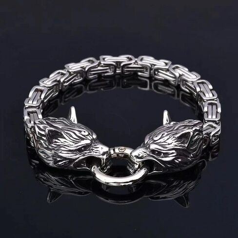 Stainless Steel Double Wolf Head Bracelet Nordic Celtic Wolf Byzantine Chain Cuff Bracelet Men's Motorcycle Jewelry in Kuwait