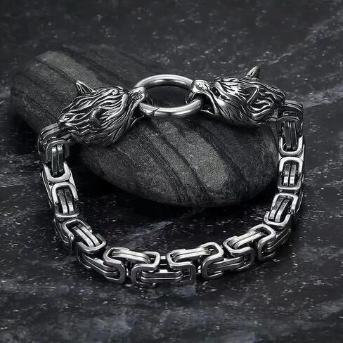 Stainless Steel Double Wolf Head Bracelet Nordic Celtic Wolf Byzantine Chain Cuff Bracelet Men's Motorcycle Jewelry in Kuwait