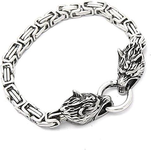 Stainless Steel Double Wolf Head Bracelet Nordic Celtic Wolf Byzantine Chain Cuff Bracelet Men's Motorcycle Jewelry in Kuwait