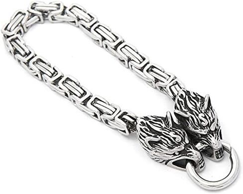 Stainless Steel Double Wolf Head Bracelet Nordic Celtic Wolf Byzantine Chain Cuff Bracelet Men's Motorcycle Jewelry in Kuwait