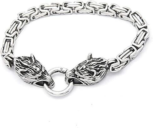Stainless Steel Double Wolf Head Bracelet Nordic Celtic Wolf Byzantine Chain Cuff Bracelet Men's Motorcycle Jewelry in Kuwait