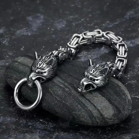 Stainless Steel Double Wolf Head Bracelet Nordic Celtic Wolf Byzantine Chain Cuff Bracelet Men's Motorcycle Jewelry in Kuwait