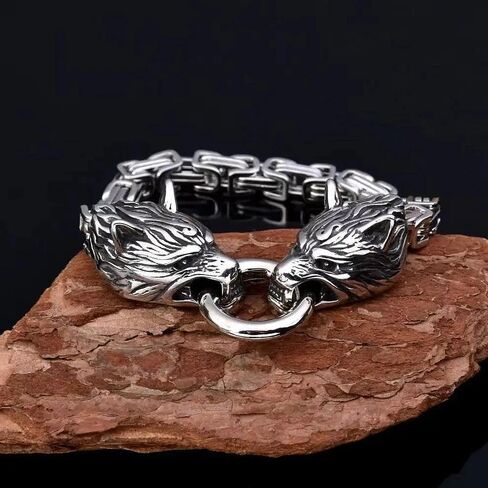 Stainless Steel Double Wolf Head Bracelet Nordic Celtic Wolf Byzantine Chain Cuff Bracelet Men's Motorcycle Jewelry in Kuwait