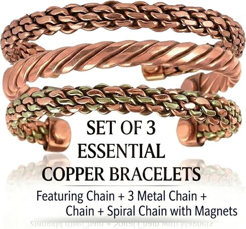 Pure Copper Bracelet for Men & Women - Set of 3 | 99.99% Solid Copper Adjustable Kada Cuff Bangle | Handcrafted Unisex Wristband | Anniversary Birthday Gift in Kuwait
