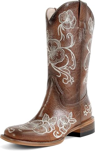 Cowboy Boots For Women Floral Embroidered Western Boots with Chunky Heel Mid Calf Broad Square Toe Cowgirl Boots for Country Music and Concert in Kuwait
