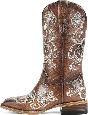 Cowboy Boots For Women Floral Embroidered Western Boots with Chunky Heel Mid Calf Broad Square Toe Cowgirl Boots for Country Music and Concert in Kuwait