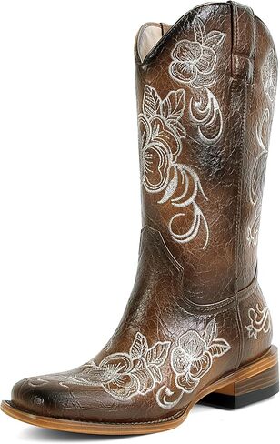 Cowboy Boots For Women Floral Embroidered Western Boots with Chunky Heel Mid Calf Broad Square Toe Cowgirl Boots for Country Music and Concert in Kuwait