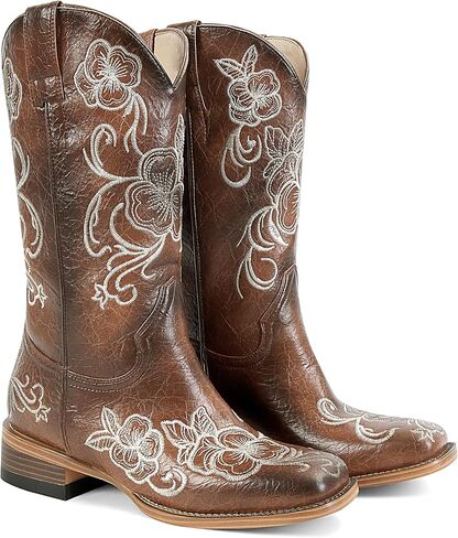 Cowboy Boots For Women Floral Embroidered Western Boots with Chunky Heel Mid Calf Broad Square Toe Cowgirl Boots for Country Music and Concert in Kuwait
