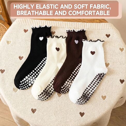 4 pairs Cute Pilates Socks with Grips for Women, Yoga Socks with Bow/Heart Pattern for Ballet Dance Workout in Kuwait